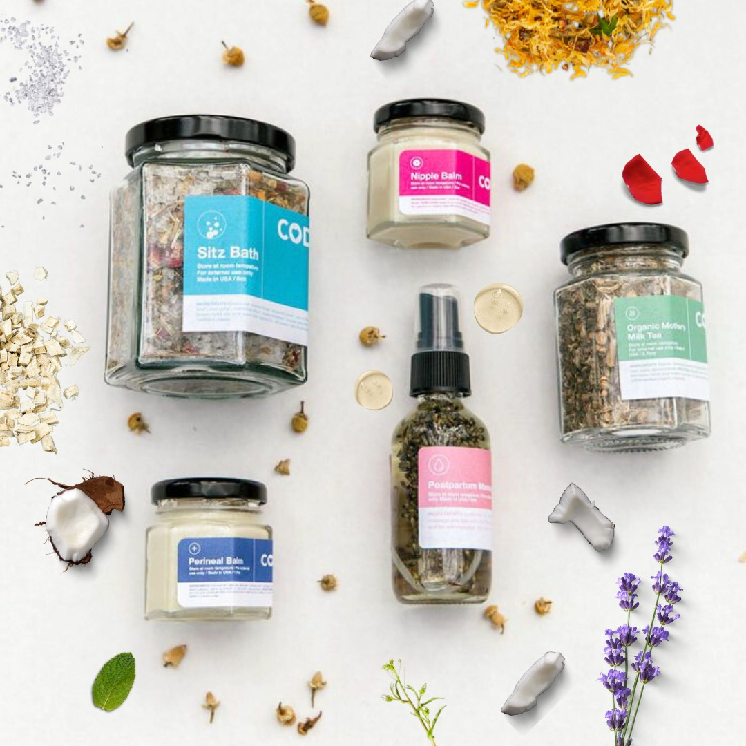 Plant-based postpartum care products with herbs and botanical ingredients used in traditional postpartum healing