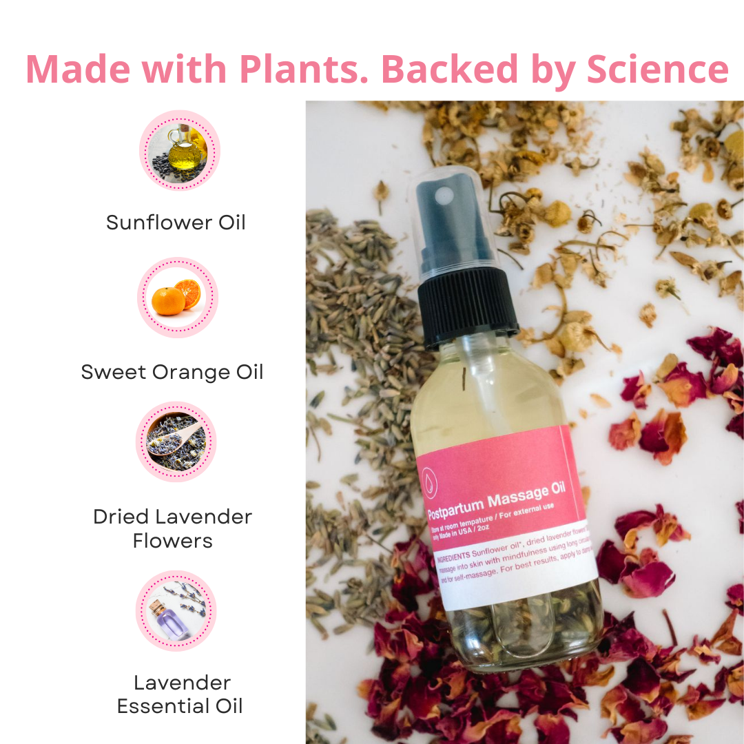 Bottle of CODDLE Bath and Body oil with ingredients listed on a background of dried flowers and herbs.