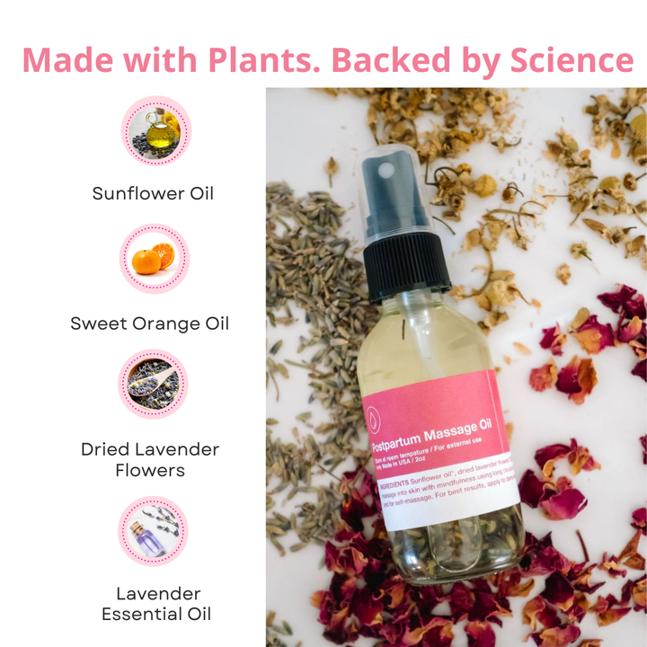 Bottle of CODDLE Bath and Body oil with ingredients listed on a background of dried flowers and herbs.