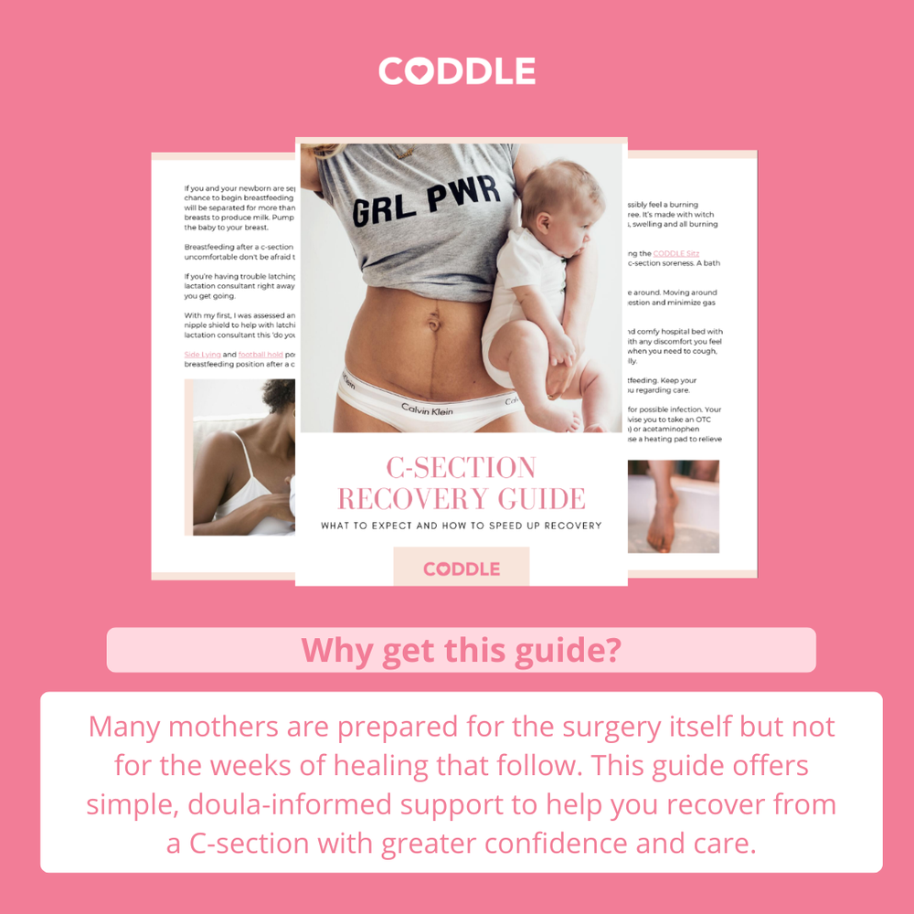 C-section recovery guide by Coddle on a pink background