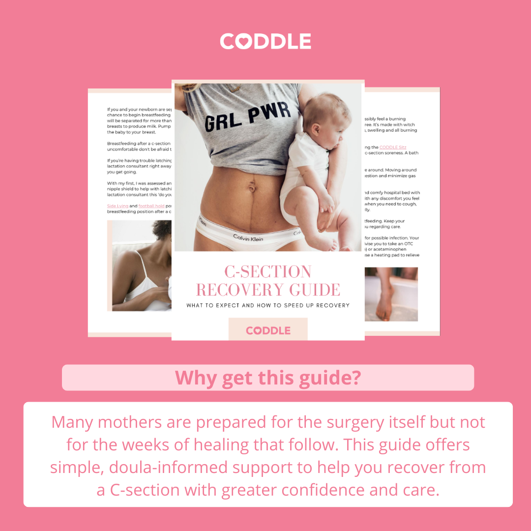 C-section recovery guide by Coddle on a pink background