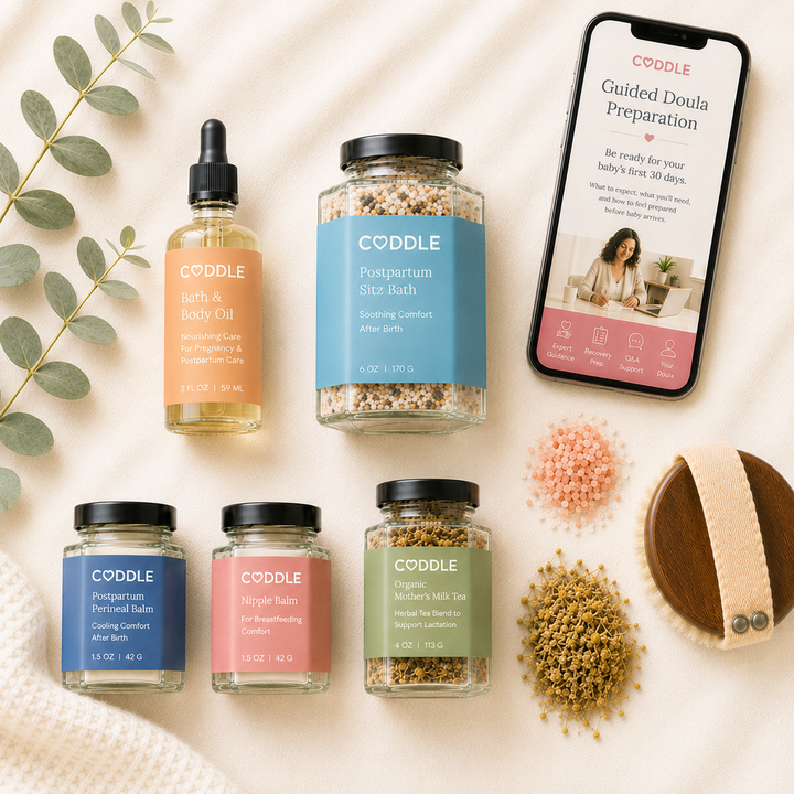 CODDLE Postpartum Recovery Kit displayed with a Guided Doula Preparation experience on a mobile device, featuring postpartum recovery essentials for the first 30 days after birth.