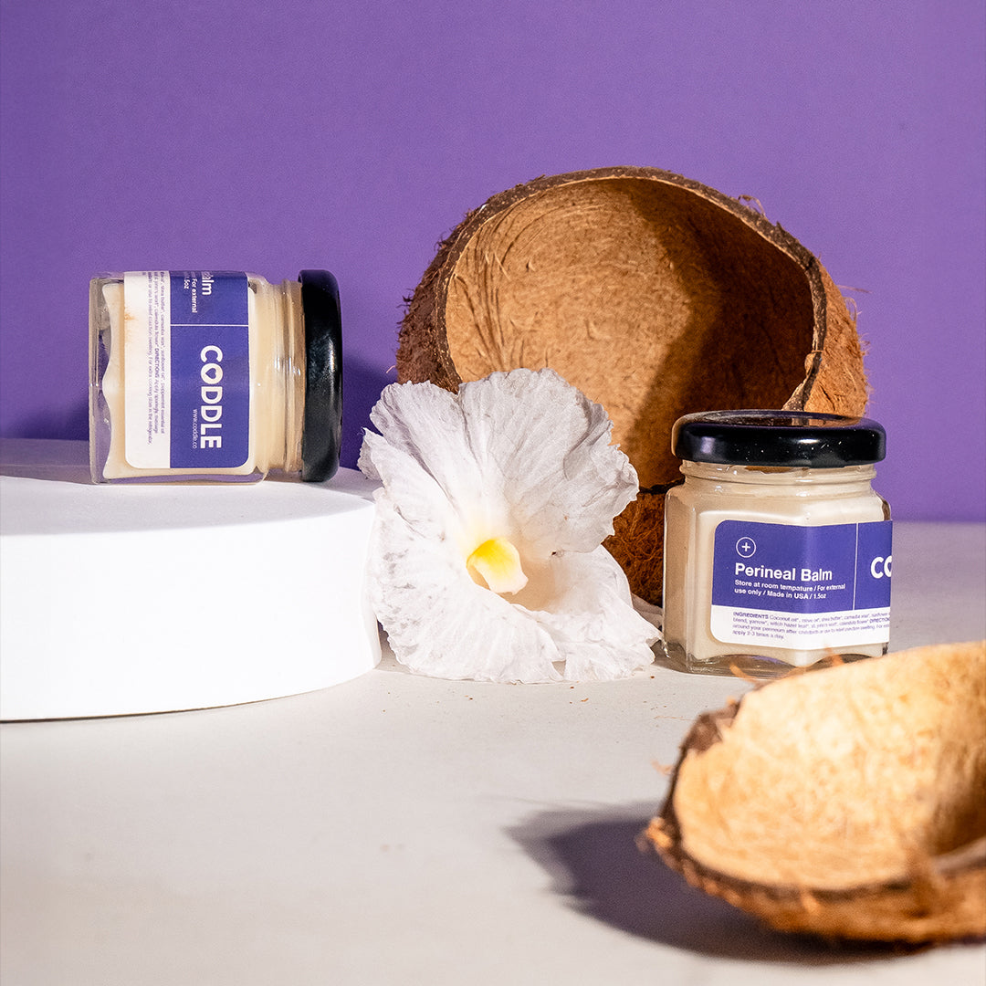 Plant-based postpartum perineal balm by CODDLE for gentle perineal care after birth.