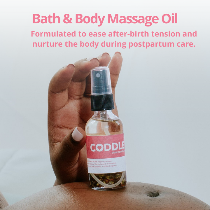 CODDLE postpartum bath and body massage oil for easing after-birth tension and nurturing skin during postpartum care