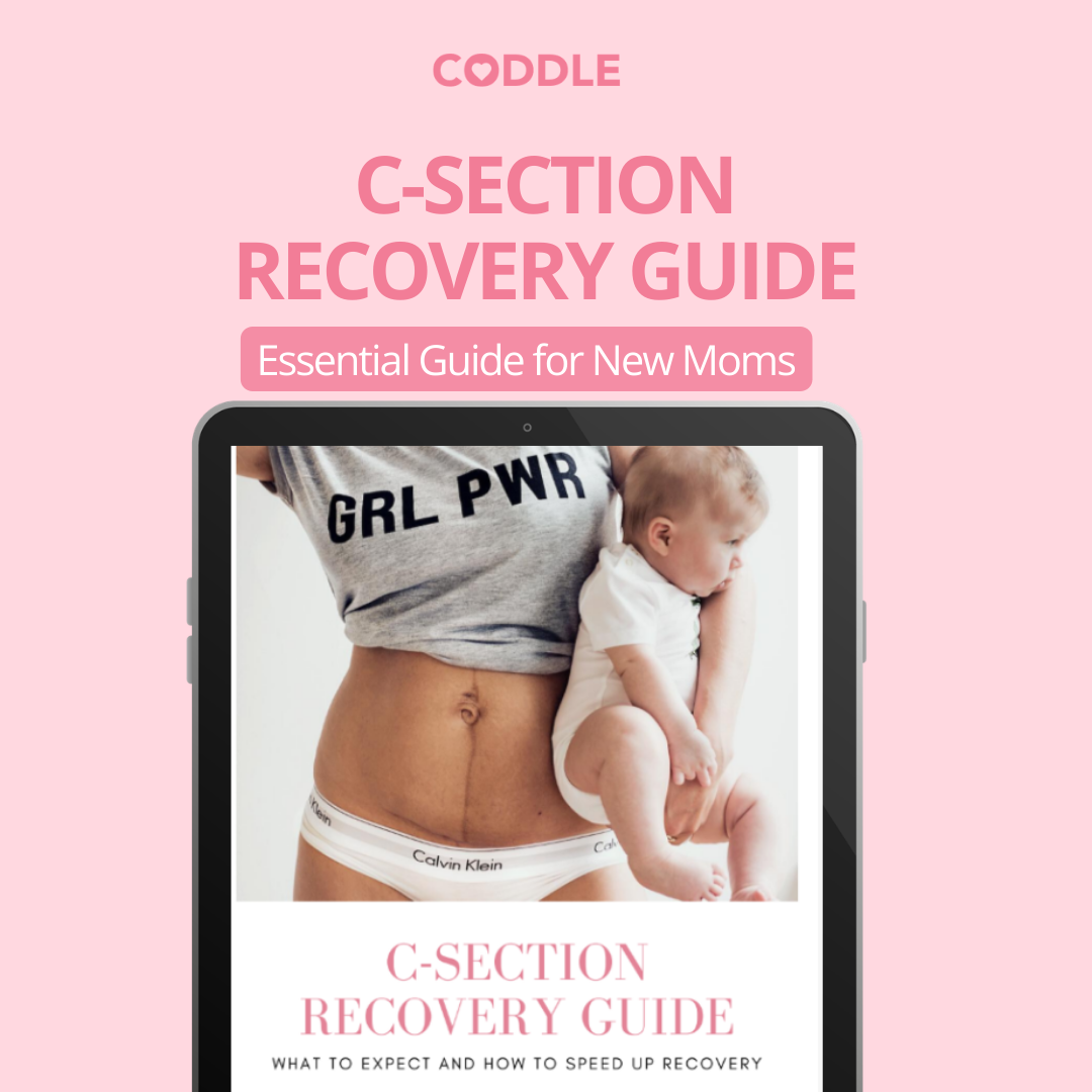 C-section recovery guide ebook cover showing a new mom holding her baby with a cesarean scar