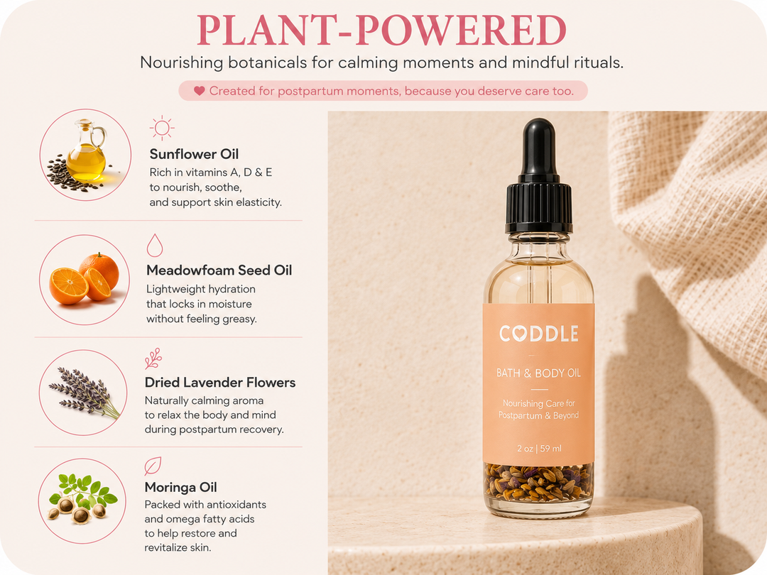 Plant-powered ingredient guide featuring CODDLE Bath & Body Oil with sunflower oil, meadowfoam seed oil, dried lavender flowers, and moringa oil to nourish, soothe, and support postpartum skin.