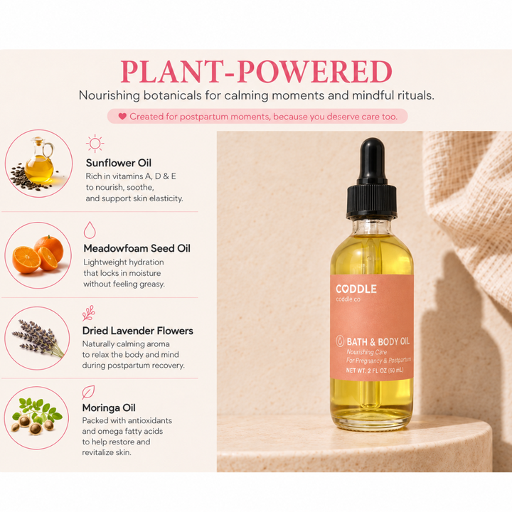 Plant-powered ingredient guide featuring CODDLE Bath & Body Oil with sunflower oil, meadowfoam seed oil, dried lavender flowers, and moringa oil to nourish, soothe, and support postpartum skin.