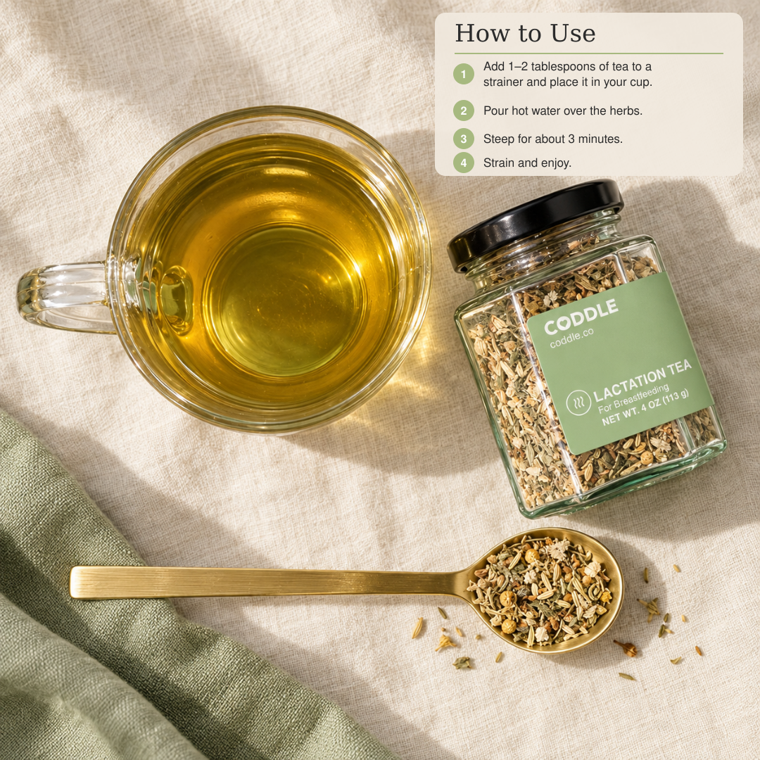 CODDLE Lactation Tea beside a cup of brewed herbal tea with four simple preparation steps.