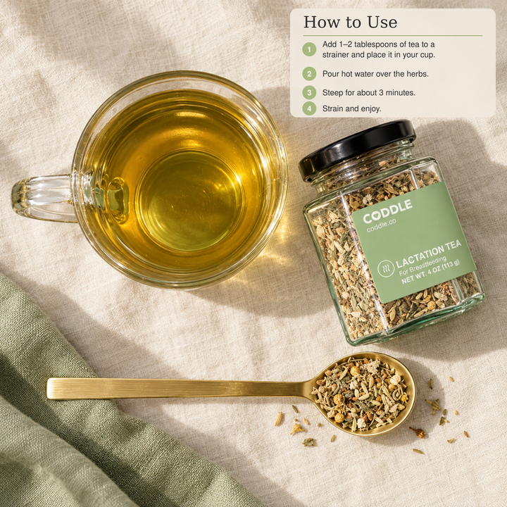 CODDLE Lactation Tea beside a cup of brewed herbal tea with four simple preparation steps.