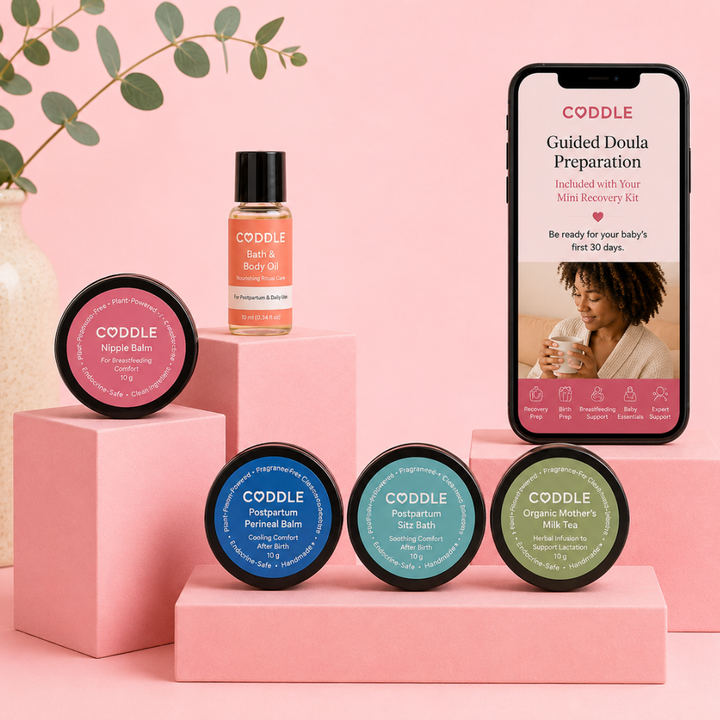 CODDLE Mini Postpartum Recovery Kit featuring Bath & Body Oil, Nipple Balm, Postpartum Perineal Balm, Postpartum Sitz Bath, Organic Mother's Milk Tea, and Guided Doula Preparation on a premium blush display