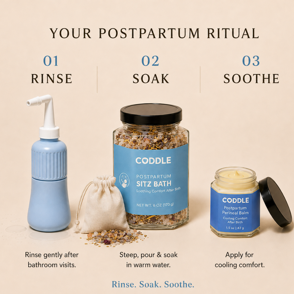 CODDLE Perineal Care Bundle postpartum ritual with peri bottle, herbal sitz bath and perineal balm for rinse, soak and soothe care.