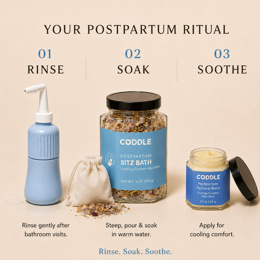 CODDLE Perineal Care Bundle postpartum ritual with peri bottle, herbal sitz bath and perineal balm for rinse, soak and soothe care.