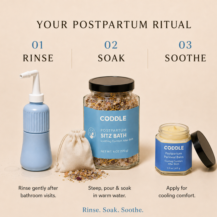 CODDLE Perineal Care Bundle postpartum ritual with peri bottle, herbal sitz bath and perineal balm for rinse, soak and soothe care.