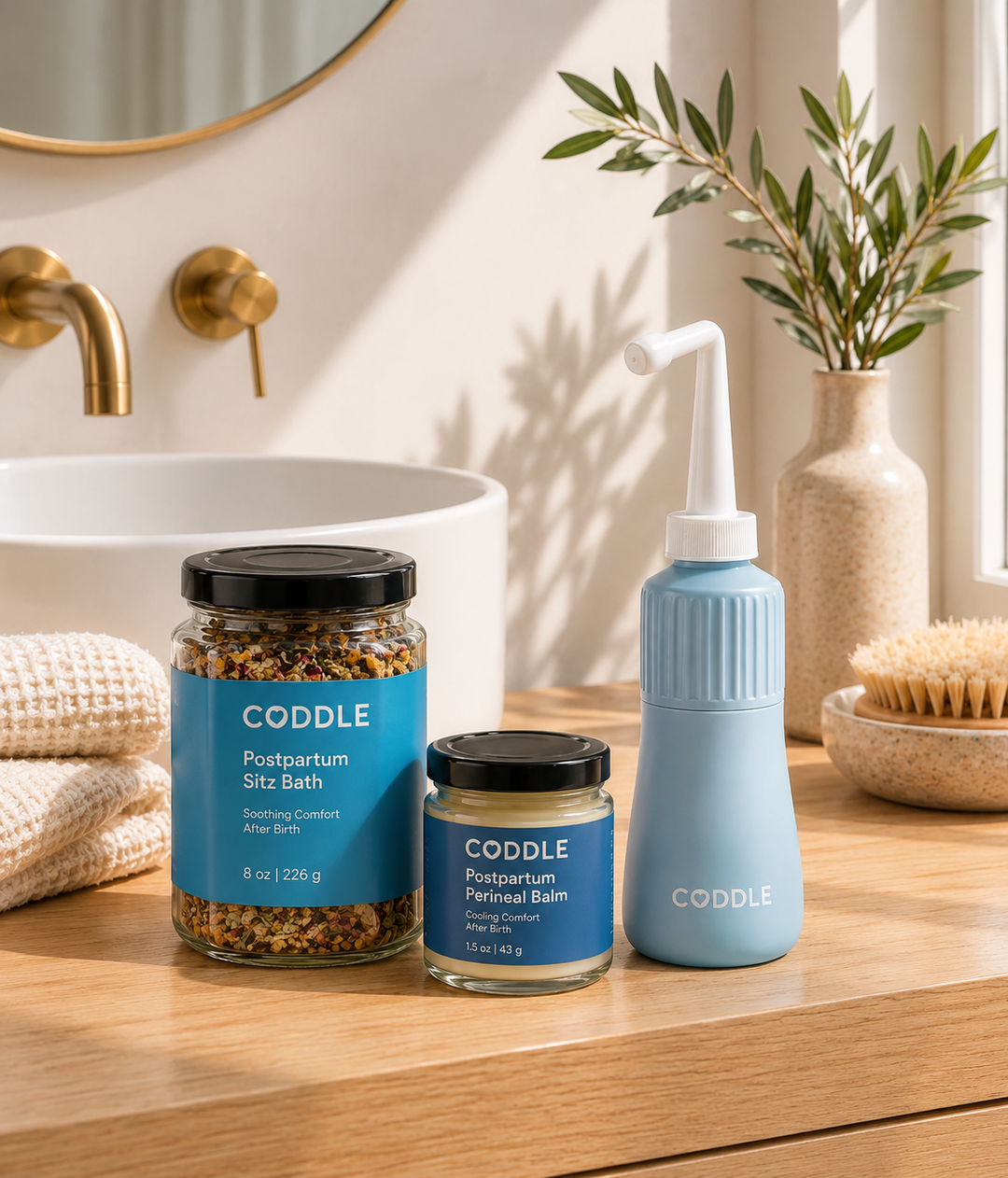 CODDLE Perineal Recovery Kit displayed in a spa-inspired bathroom with Postpartum Sitz Bath, Postpartum Perineal Balm, and a peri bottle to support soothing postpartum recovery.
