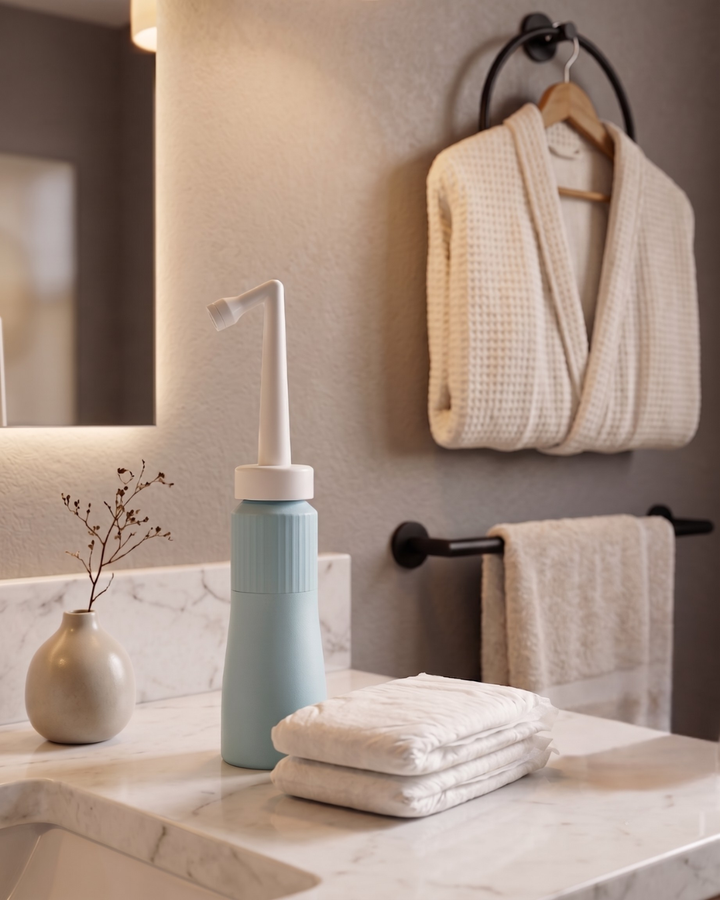 Postpartum bathroom essentials including a peri bottle, soft towels, and a cozy robe, designed to complement the CODDLE Perineal Recovery Kit for gentle healing after birth.