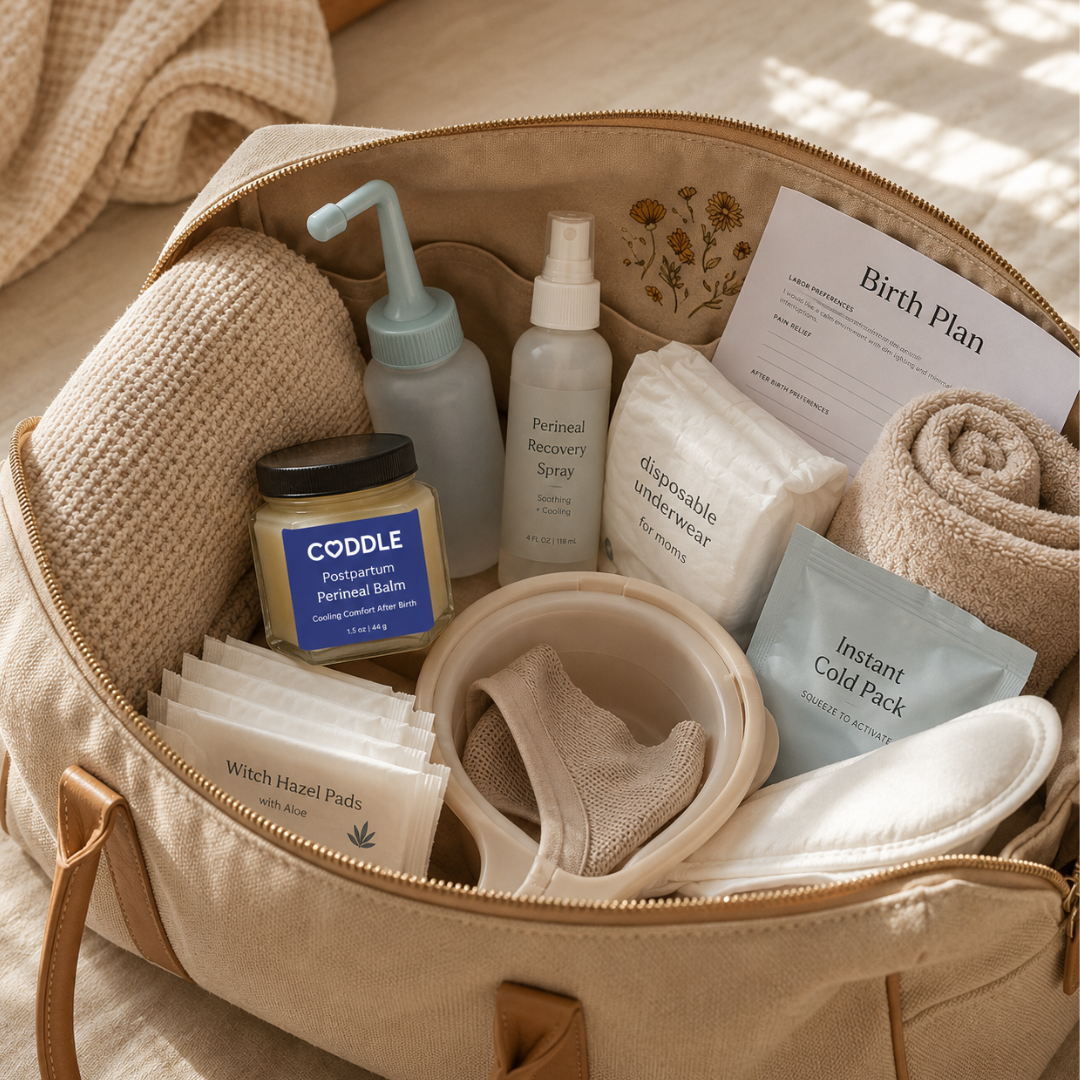 Open hospital bag packed with postpartum recovery essentials featuring CODDLE Postpartum Perineal Balm, a peri bottle, cooling pack, witch hazel pads, disposable underwear, towels, and a birth plan, ready for the first days after birth.
