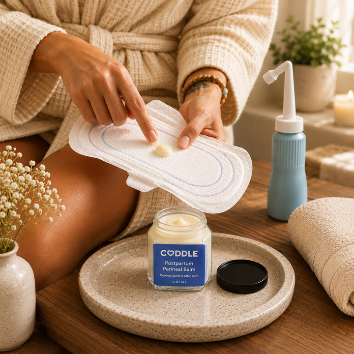 Woman in a cream waffle robe preparing a postpartum cooling pad with CODDLE Postpartum Perineal Balm beside a peri bottle and folded towel, demonstrating a calming postpartum recovery ritual.