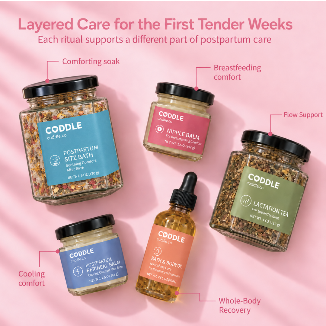 Flat lay of CODDLE postpartum recovery products including sitz bath soak, perineal balm, nipple balm, lactation tea, and postpartum massage oil.