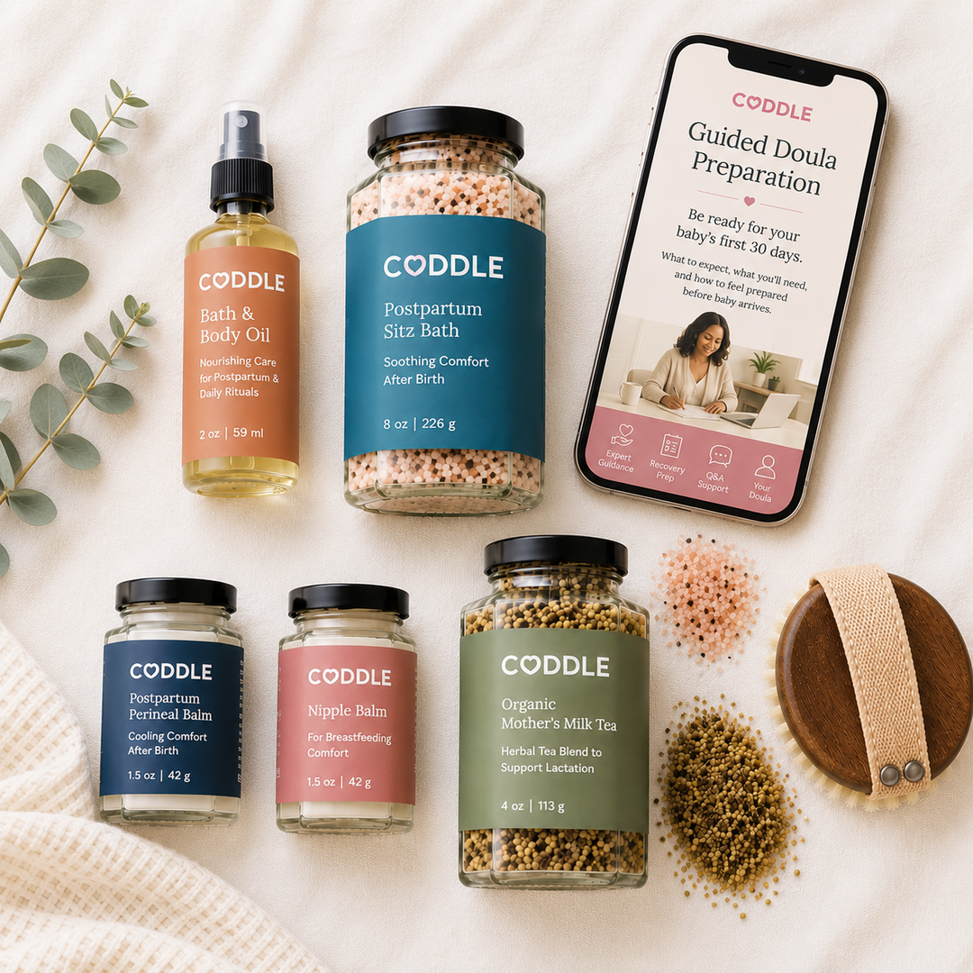CODDLE Postpartum Recovery Kit displayed with a Guided Doula Preparation experience on a mobile device, featuring postpartum recovery essentials for the first 30 days after birth.