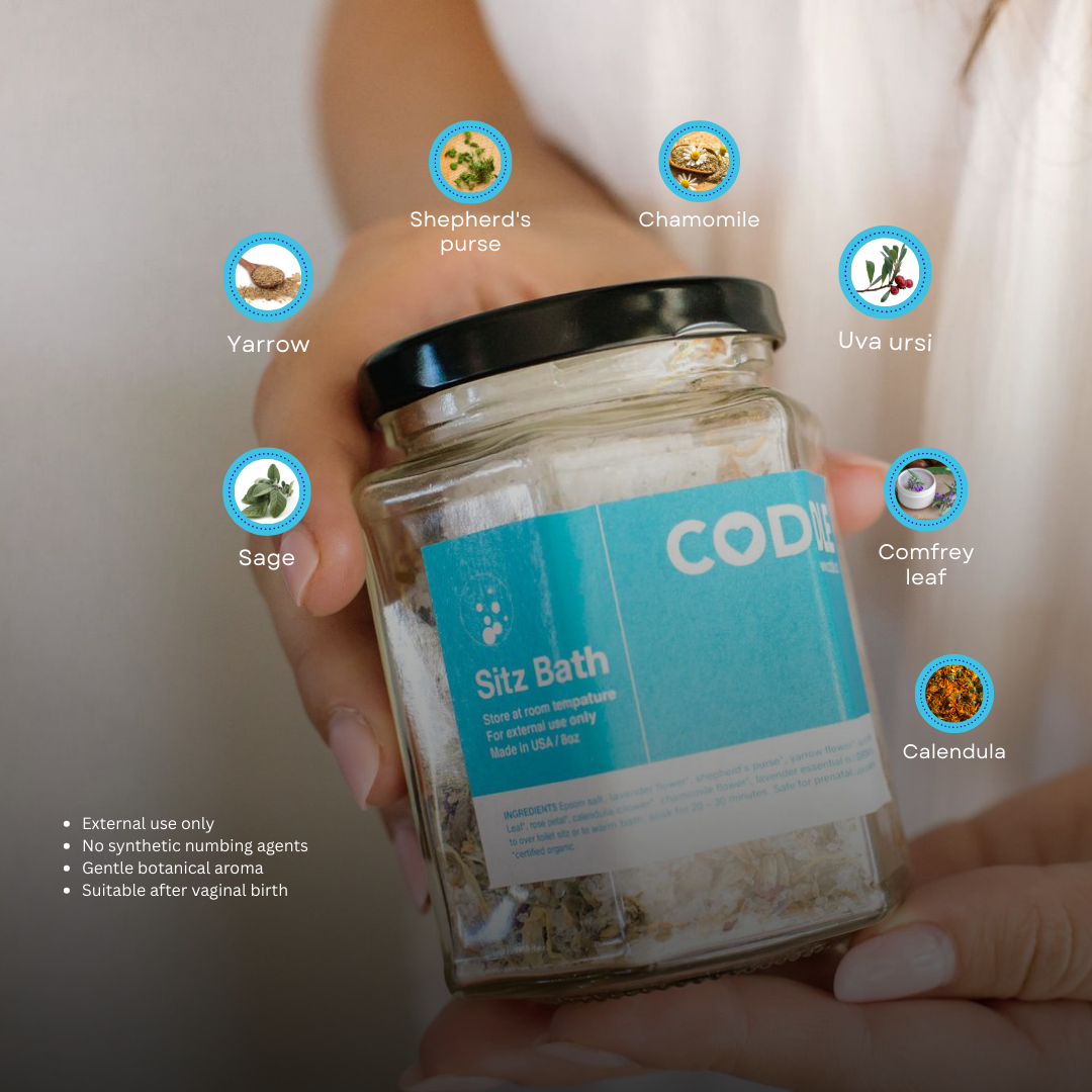 Infographic showing botanical ingredients and soothing benefits of CODDLE sitz bath soak for postpartum recovery.