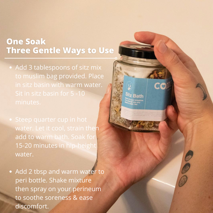 CODDLE herbal sitz bath soak showing three gentle ways to use for postpartum recovery care.
