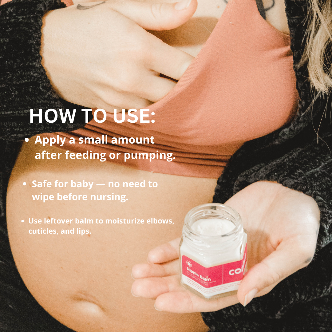 mother applying postpartum nipple balm after breastfeeding for soothing nipple care