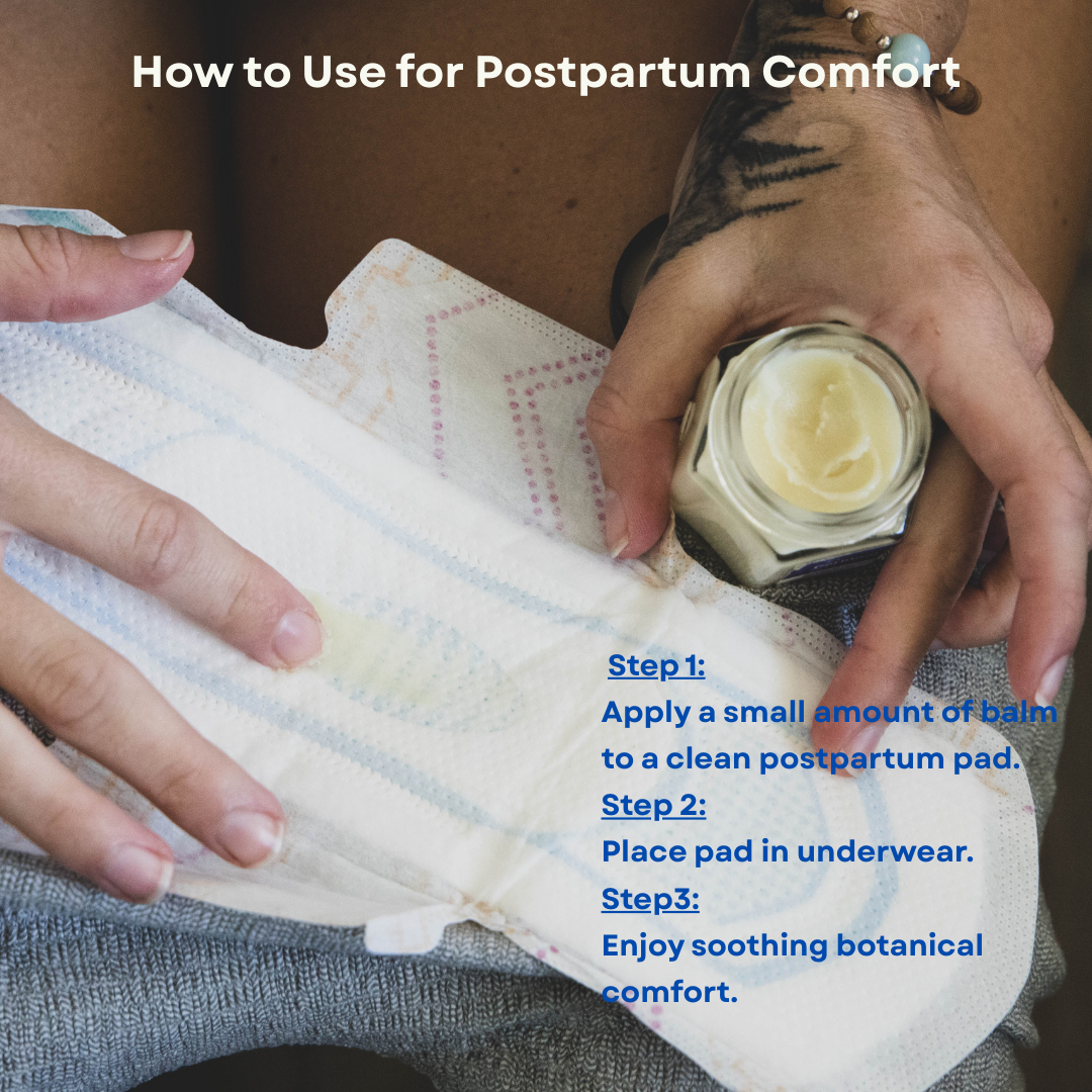 Hands applying botanical postpartum perineal balm to a maternity pad for soothing recovery care after birth.
