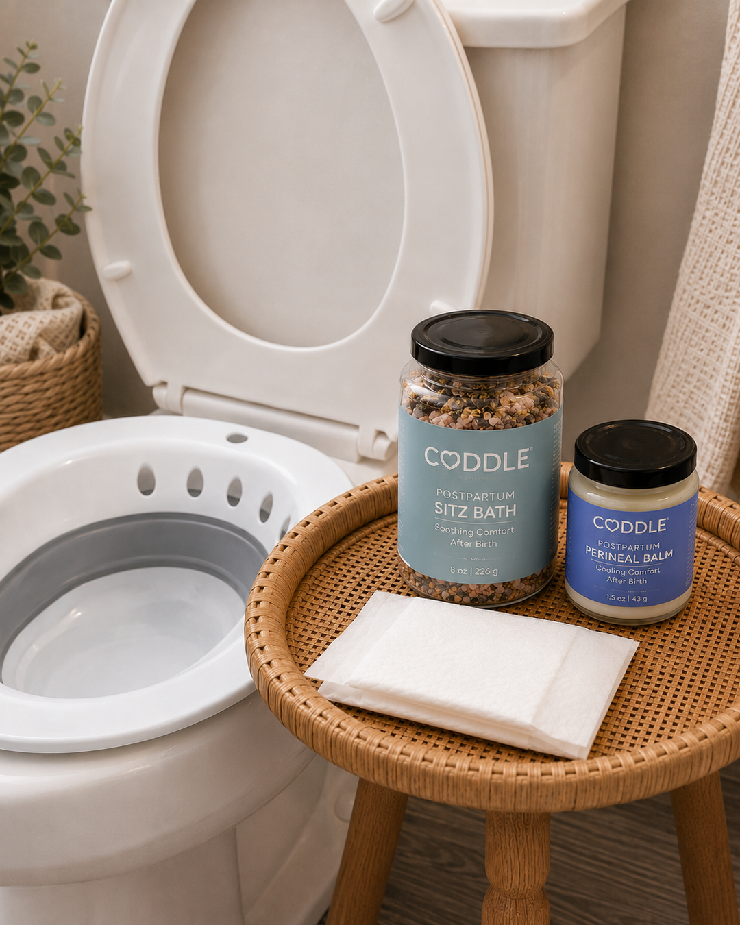 CODDLE Perineal Care After Birth Kit featuring Postpartum Sitz Bath, Postpartum Perineal Balm, postpartum wipes, and a sitz bath basin arranged in a bright bathroom for soothing postpartum recovery after birth.