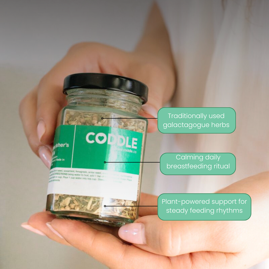 Woman holding organic mother’s milk lactation tea jar as part of a calming breastfeeding and postpartum care ritual.