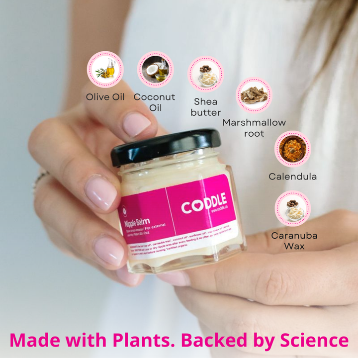 Hand holding a jar of plant-based nursing nipple balm