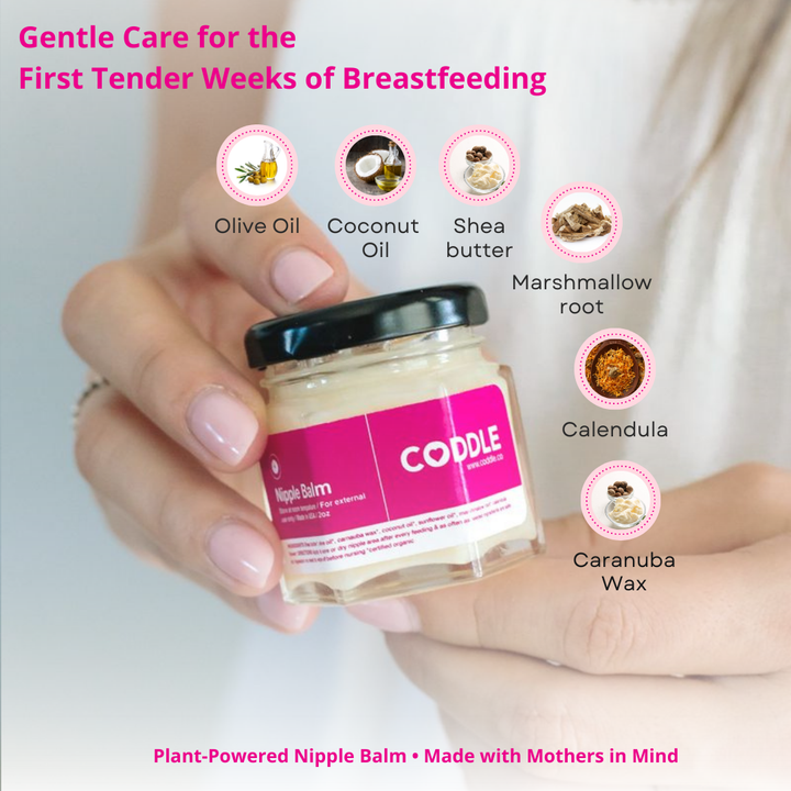 postpartum nipple balm jar showing plant based ingredients for breastfeeding care.