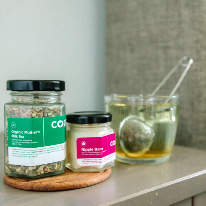 postpartum nipple balm with organic mother's milk tea for breastfeeding recovery ritual.