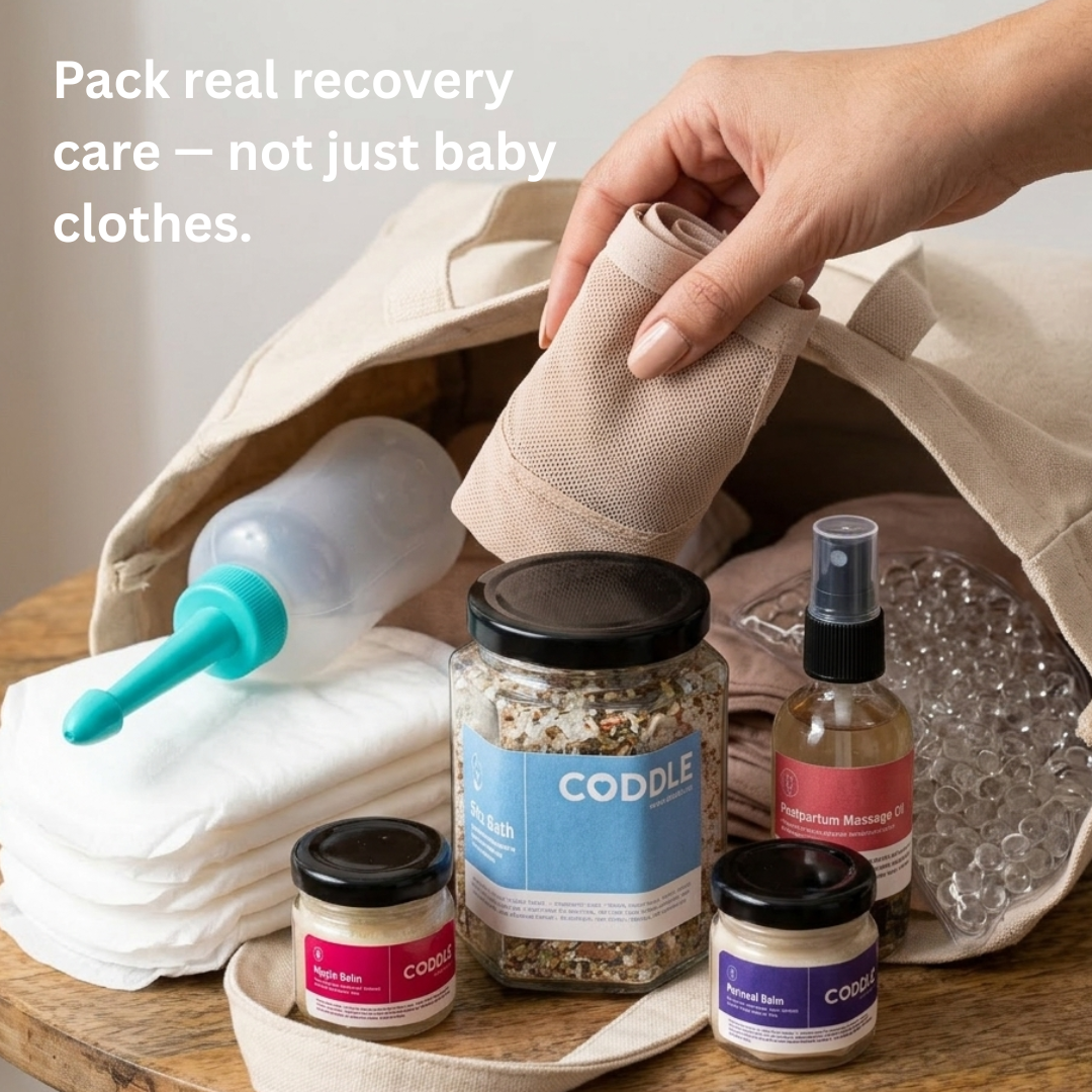 Packing postpartum recovery essentials including peri bottle, herbal sitz bath, massage oil and balms into hospital bag.