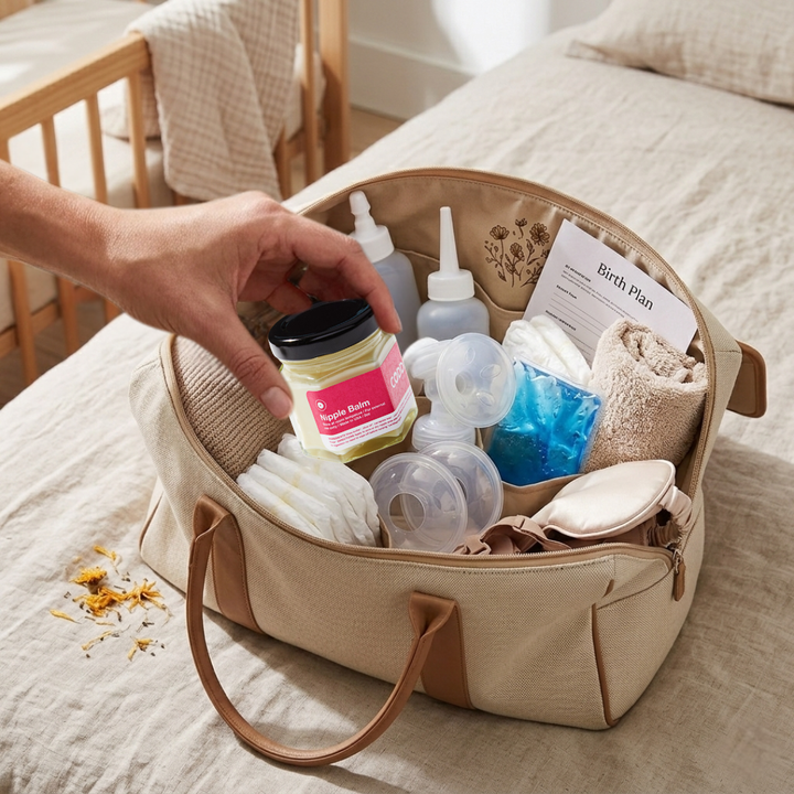 postpartum nipple balm placed inside hospital bag with breastfeeding and recovery essentials.