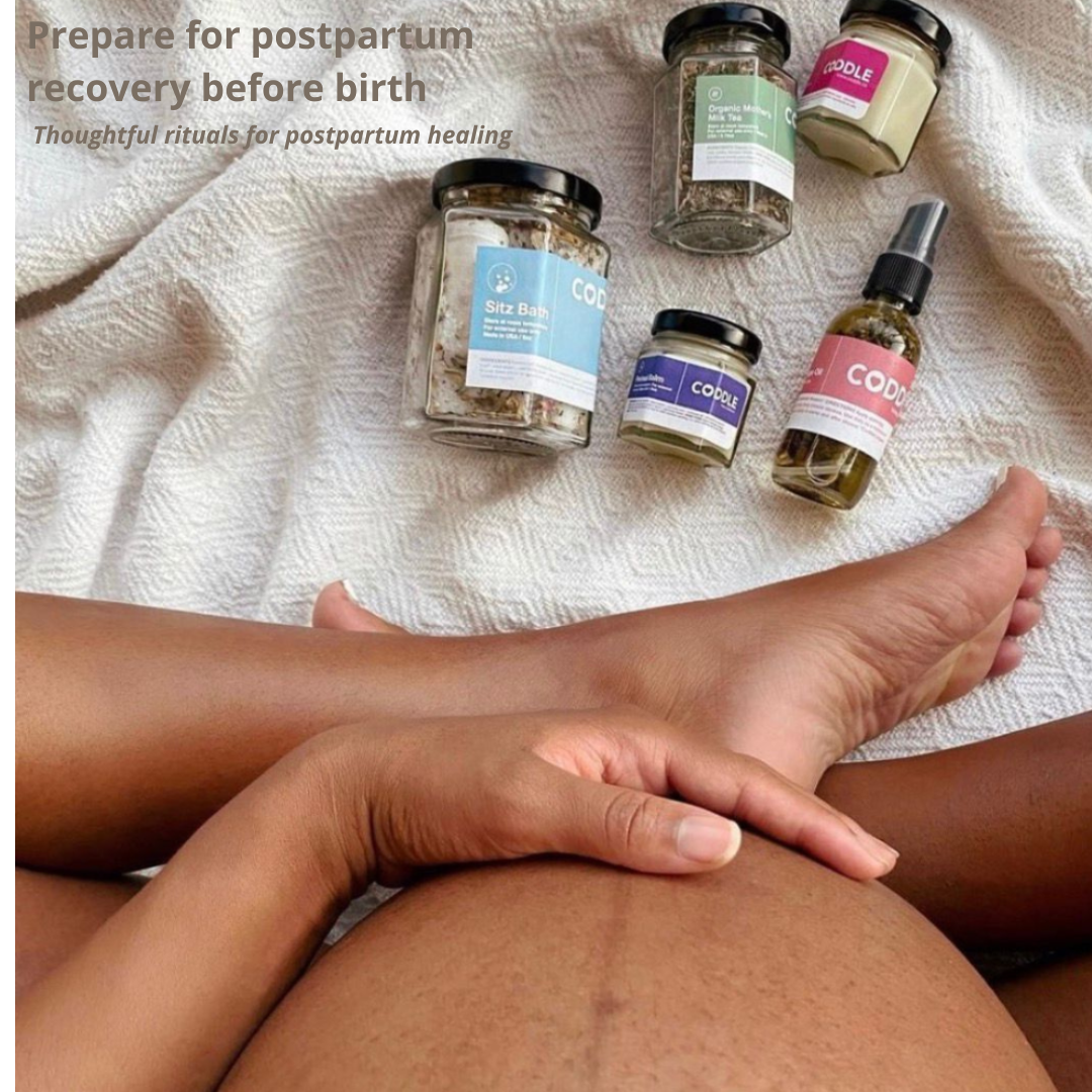 Pregnant mother preparing thoughtful postpartum recovery rituals with Coddle hospital bag essentials including sitz bath, perineal balm, herbal oil and tea.
